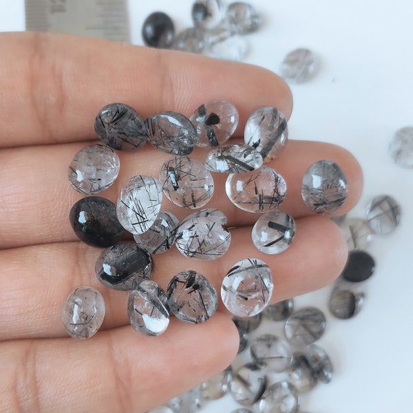 Black Rutile Gemstone  - Calibrated Oval 10x8-mm - Natural Black Rutile Cabochon lot - Wholesale Black Rutile Cabs Tourmalinated quartz