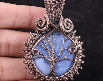 AA+ Quality Blue opal Copper Wire Wrapped Pendant, Natural Crystal Necklace, Gift For Anniversary