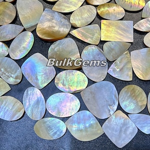 Könnte beinhalten: Eine Sammlung schillernder Perlmutt-Muschelteile in verschiedenen Formen, darunter Ovale, Quadrate und unregelmäßige Formen. Die Oberfläche der Muscheln reflektiert ein Regenbogenspektrum an Farben. Der Text "Bulk Gems" ist sichtbar.