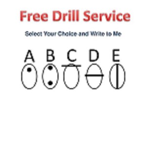 May include: Multiple choice quiz with five options labeled A through E. Each option is a black and white image of a circle with a different symbol inside. The text "Free Drill Service" is at the top of the image and the text "Select Your Choice and Write to Me" is below the options.