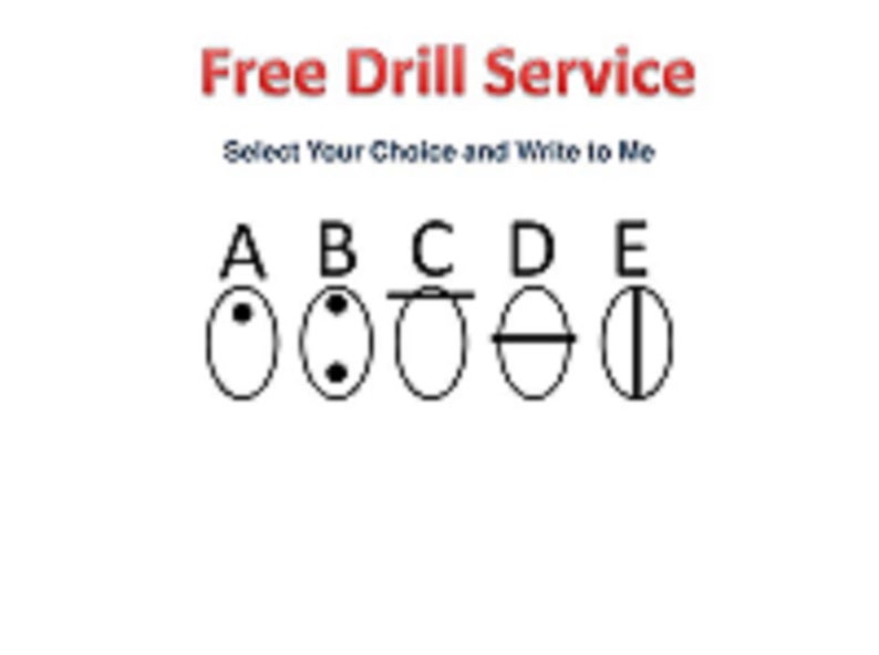 May include: Multiple choice quiz with five options labeled A through E. Each option is a black and white image of a circle with a different symbol inside. The text "Free Drill Service" is at the top of the image and the text "Select Your Choice and Write to Me" is below the options.