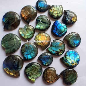 May include: A collection of 17 labradorite gemstone carvings shaped like ammonites. The carvings are a mix of green, blue, and gold colours with iridescent shimmer.