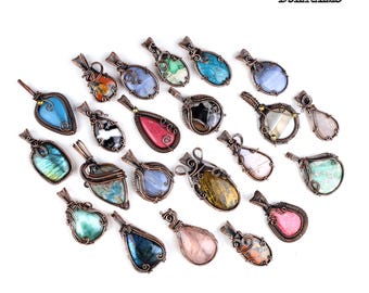Wholesale Copper Wire Wrapped Gemstone Pendants, Necklace String Included