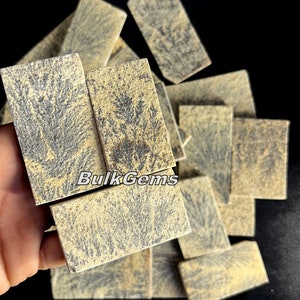 Puede incluir: Una pila de pequeñas losas rectangulares de ágata dendrítica de color marrón claro y gris. Las losas tienen un patrón único en forma de árbol. El texto "BulkGems" es visible en la imagen.