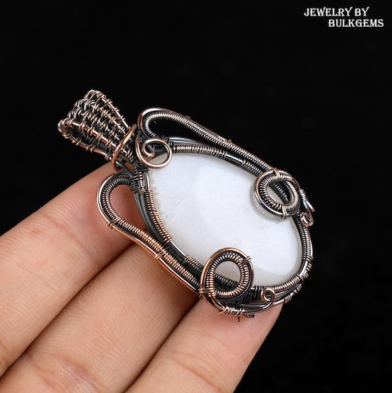 Grey Moonstone Pendant, Copper Wire Wrap Pendant, Oval Cabochon