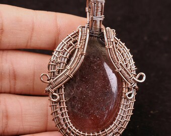 AA+ Quality Strawberry Quartz Handmade Copper Wire Wrapped Pendant, Gemstone Jewelry, Boho Gift For Wife