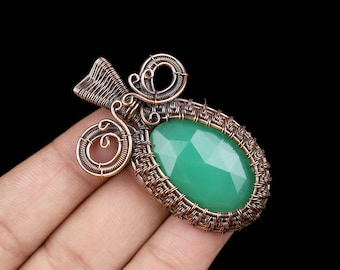 Chrysoprase Pendant: Green Gemstone, Copper Wire Wrapped, Handmade Jewelry