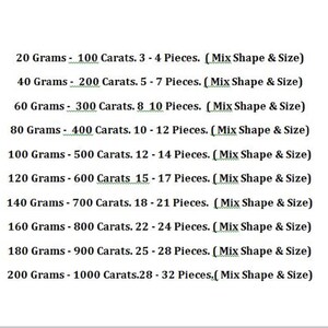 May include: Chart showing the weight in grams and carats of gemstones, along with the number of pieces included in each size. The chart lists sizes from 20 grams to 200 grams.