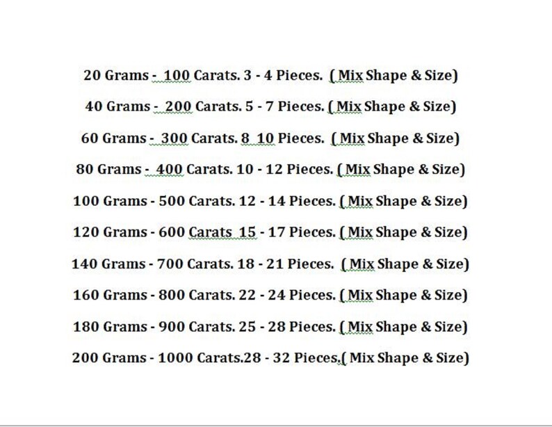 May include: Chart showing the weight in grams and carats of gemstones, along with the number of pieces included in each size. The chart lists sizes from 20 grams to 200 grams.