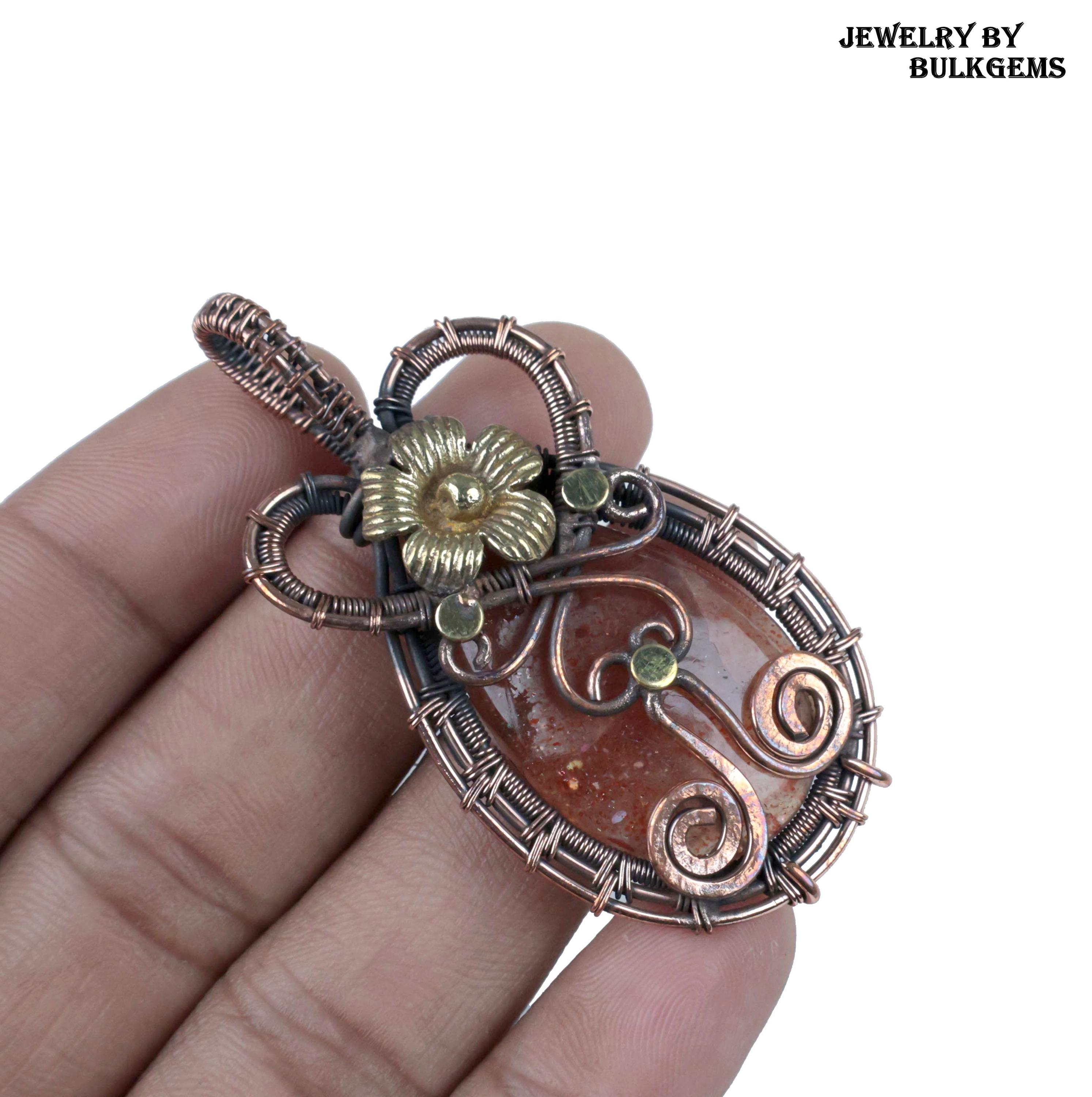 Orange Sunstone Pendant, Copper Wire Wrapped Cabochon, Handmade
