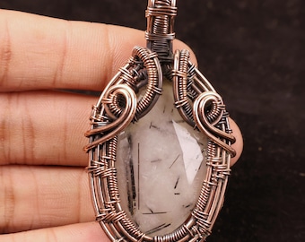 AA+ Quality Black Rutile Quartz Copper Pendant - Wire Wrapped Gemstone Necklace, Anniversary Gift for Mom