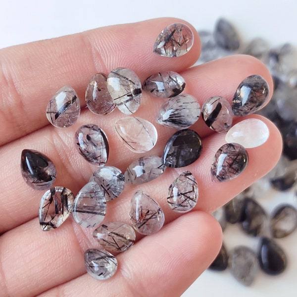 Black Rutile Gemstone  - Calibrated Pear 9x7-mm - Natural Black Rutile Cabochon lot - Wholesale Black Rutile Cabs Tourmalinated quartz
