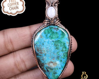 Chrysocolla Copper Wire Wrap Pendant Handmade Natural Gemstone Jewelry