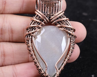 AA+ Quality Grey Moonstone Copper Wire Pendant Necklace, Gemstone Choker, Birthday Gift For Woman