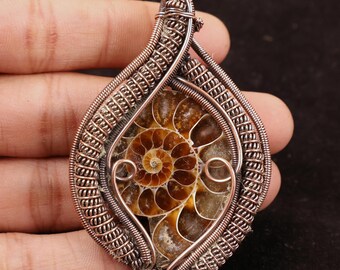 AA+ Quality Ammonite Fossil Wire Wrapped Copper Pendant, Handmade Gemstone Necklace, Crystal Gift For Husband