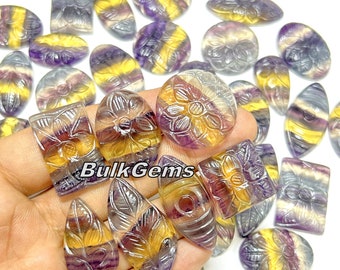 Carved Rainbow Fluorite Cabochons – Mix Shapes, Handmade Gemstone