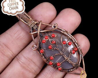 Colgante de alambre de cobre con piedra lunar gris, hecho a mano, joyería con piedra natal de junio