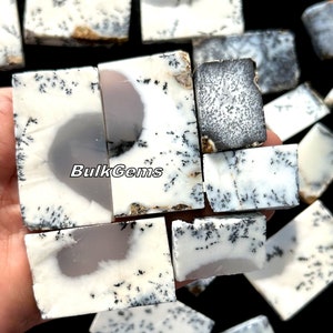 May include: A collection of white and grey dendritic agate stones. The stones are smooth and polished, with a variety of shapes and sizes. The stones are arranged in a hand, with the text "BulkGems" visible in the centre of the image.