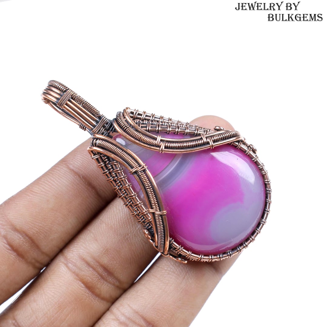 Pink Banded Agate Pear Pendant, Copper Wire Wrapped Cabochon - Etsy