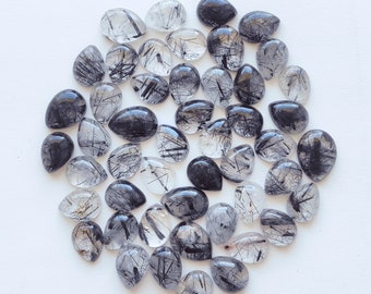 Black Rutile Gemstone  - Calibrated Pear 11x7-mm - Natural Black Rutile Cabochon lot - Wholesale Black Rutile Cabs Tourmalinated quartz