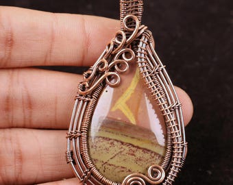 Natural Imperial Jasper Copper Wire Pendant Necklace, Pear Shape Cabochon Gemstone Jewelry, Birthday Gift For Her