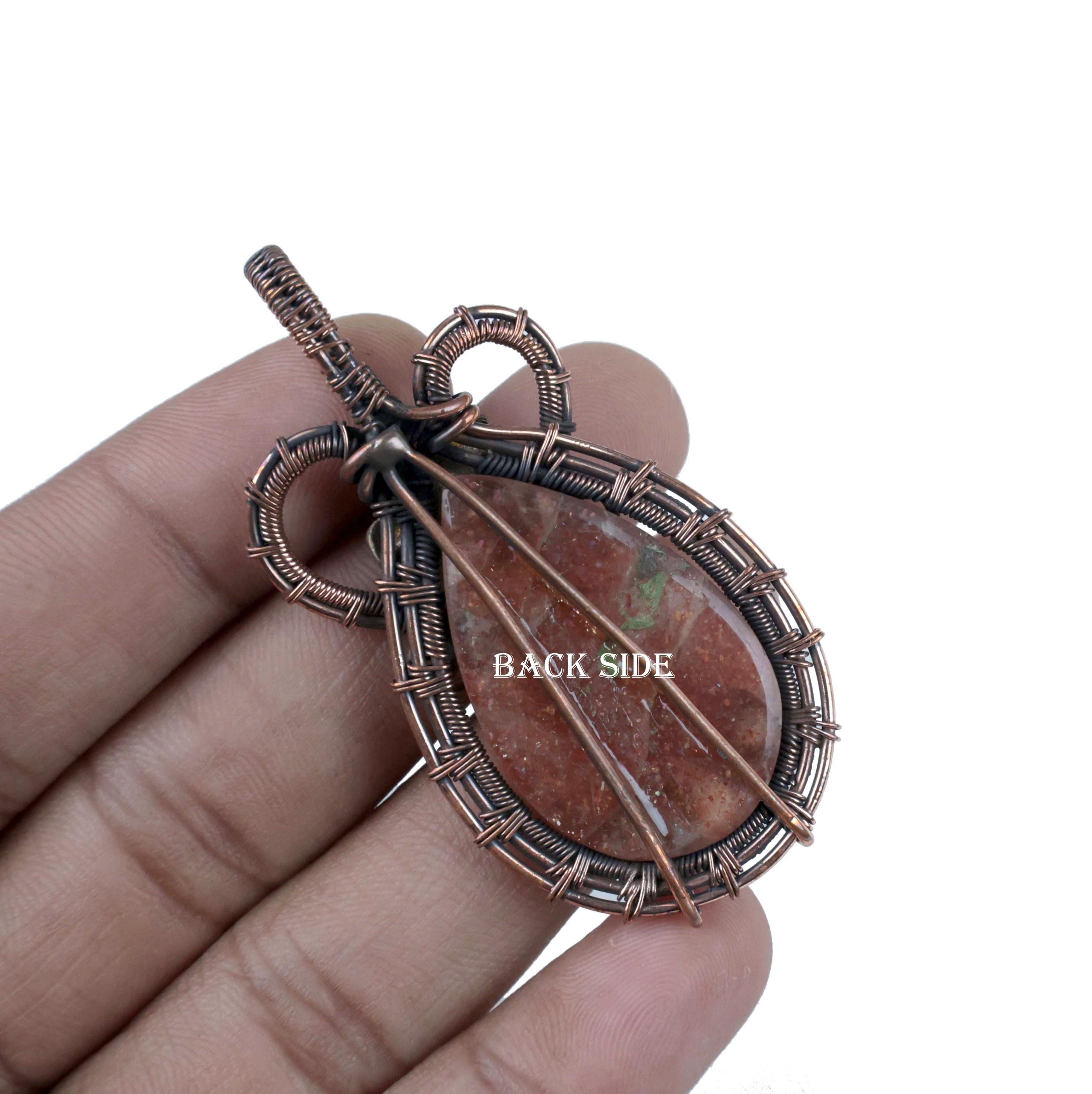 Orange Sunstone Pendant, Copper Wire Wrapped Cabochon, Handmade