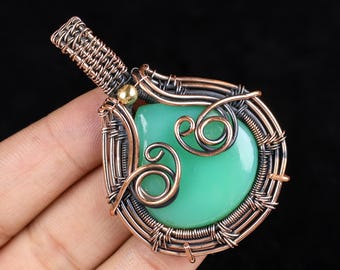 Green Chrysoprase Heart Pendant, Handmade Copper Wire Wrapped Jewelry