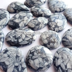Puede incluir: Una colección de 12 cabujones ovalados de piedra natural pulida. Las piedras son una mezcla de negro y blanco con un patrón de mármol en espiral. Las piedras son lisas y tienen un acabado brillante.