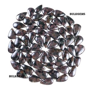 May include: A collection of polished, teardrop-shaped gemstones in shades of dark brown and burgundy, arranged in a circular pattern against a white background. The gemstones have a speckled appearance. The text "BULKGEMS" is visible.
