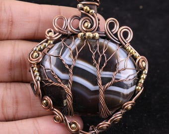 AA+ Quality Black Banded Agate Copper Pendant Necklace, Wire Wrapped Gemstone Charm, Gift For Birthday