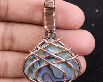 AA+ Quality Abalone Shell Wire Wrapped Pendant, Copper Gemstone Necklace, Holiday Gift