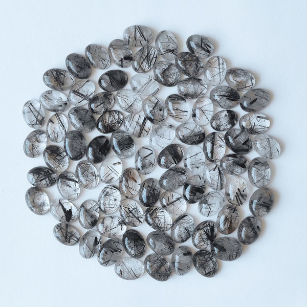 Black Rutile Gemstone  - Calibrated Oval 14x10-mm - Natural Black Rutile Cabochon lot - Wholesale Black Rutile Cabs Tourmalinated quartz