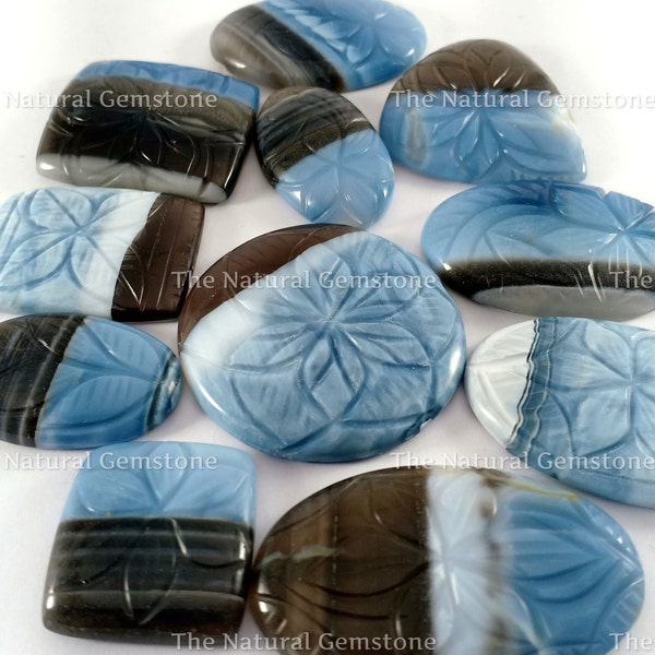 Owhyee Blue Opal Carving Lot! Blue Opal Carved cabochon - Wholesale Blue Opal Carving Lot - Hand Craft Banded Blue Opal For Jewelry Making