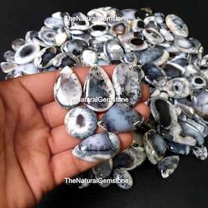 Op de afbeelding: Een verzameling witte en zwarte dendritische agaat cabochons in verschillende vormen en maten. De cabochons worden op een hand getoond, met een paar grotere cabochons op de voorgrond. TheNaturalGemstone is afgedrukt op de afbeelding.