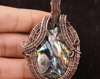 AA+ Quality Abalone Shell Copper Wire Wrapped Pendant, Natural Crystal Necklace, Gift For Mother