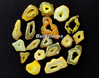 May include: A collection of 17 agate slices in a variety of shapes and sizes. The agate slices are translucent and have a yellow, white, and brown colour pattern. The agate slices are arranged in a circle on a black background. BulkGems is printed on the image.