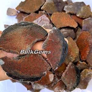 Op de afbeelding: Een verzameling fossiele dinosaurusbeensnippers, met een mix van rode, bruine en zwarte kleuren. De snippers zijn onregelmatig gevormd en hebben een natuurlijke, ruwe textuur. De tekst "BulkGems" is zichtbaar in de afbeelding.