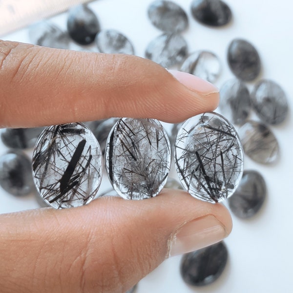 Black Rutile Gemstone  - Calibrated Oval 20x15-mm - Natural Black Rutile Cabochon lot - Wholesale Black Rutile Cabs Tourmalinated quartz