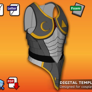 Könnte beinhalten: Eine digitale Vorlage für eine graue und goldene Brustrüstung mit einem Halbmond- und Dreiecksdesign. Die Vorlage ist für Cosplay-Zwecke konzipiert und im PDF-Format verfügbar.
