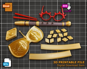 Może przedstawiać: Plik STL do druku 3D do pobrania zestawu złotych okularów, fletu i innych małych przedmiotów. Plik jest przeznaczony do druku 3D.