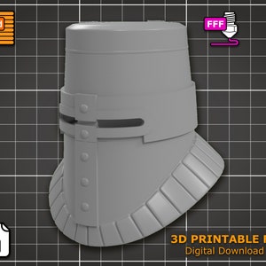 May include: A 3D printable model of a medieval knight's helmet. The helmet is gray and has a visor and a neck guard. The model is ready to be printed on a 3D printer.