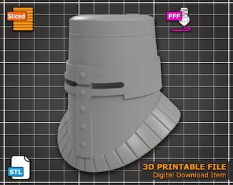May include: A 3D printable model of a medieval knight's helmet. The helmet is gray and has a visor and a neck guard. The model is ready to be printed on a 3D printer.