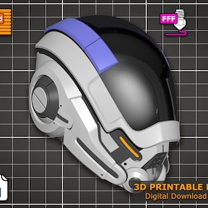 Puede incluir: Diseño de casco futurista en blanco, gris, negro y azul, con un acento naranja. La imagen incluye iconos para impresión 3D y un archivo STL. El texto en la parte inferior dice "3D PRINTABLE FILE Digital Download Item."