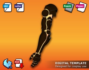 May include: A digital template for a black and gold robotic arm, designed for cosplay use. The template is available in PDF format and can be printed on A4 or Letter size paper.