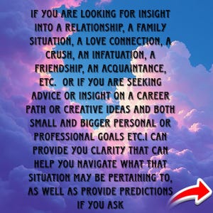 May include: Text against a backdrop of a cloudy sky. The text provides guidance on relationships, family matters, love, career paths, and personal goals. A red arrow indicates the direction.