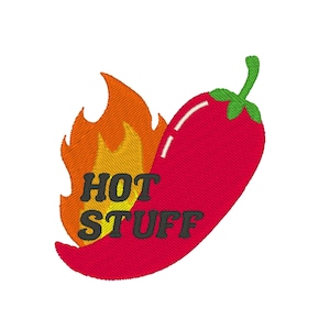 Puede incluir: Un chile rojo con llamas detrás y el texto "HOT STUFF" en negro.