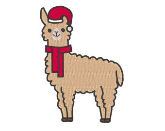 May include: A brown alpaca wearing a red Santa hat and a red scarf. The alpaca is standing on a white background.