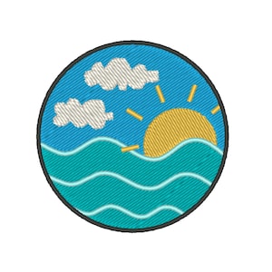 May include: A round blue and turquoise embroidered patch with a yellow sun and white clouds. The sun has rays and is partially hidden behind the turquoise waves.