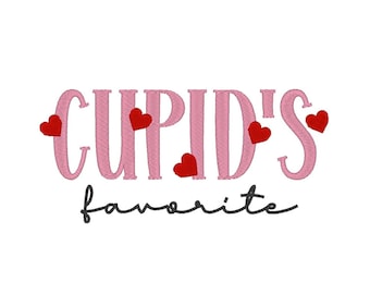 May include: Pink embroidered text that reads "CUPID'S favorite" with red hearts scattered around the text.
