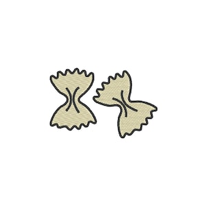 Puede incluir: Dos formas bordadas de pasta de lazo en color beige claro con contornos negros. La pasta tiene una forma clásica de farfalle, con bordes rizados y un centro pellizcado. La imagen está sobre un fondo blanco.